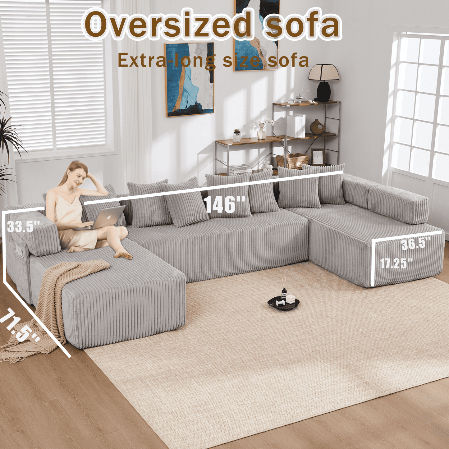 Light Gray 6-Seat U-Shaped Modular Sectional Sofa – Plush Corduroy Sleeper Couch with 8 Pillows & Flexible Configuration