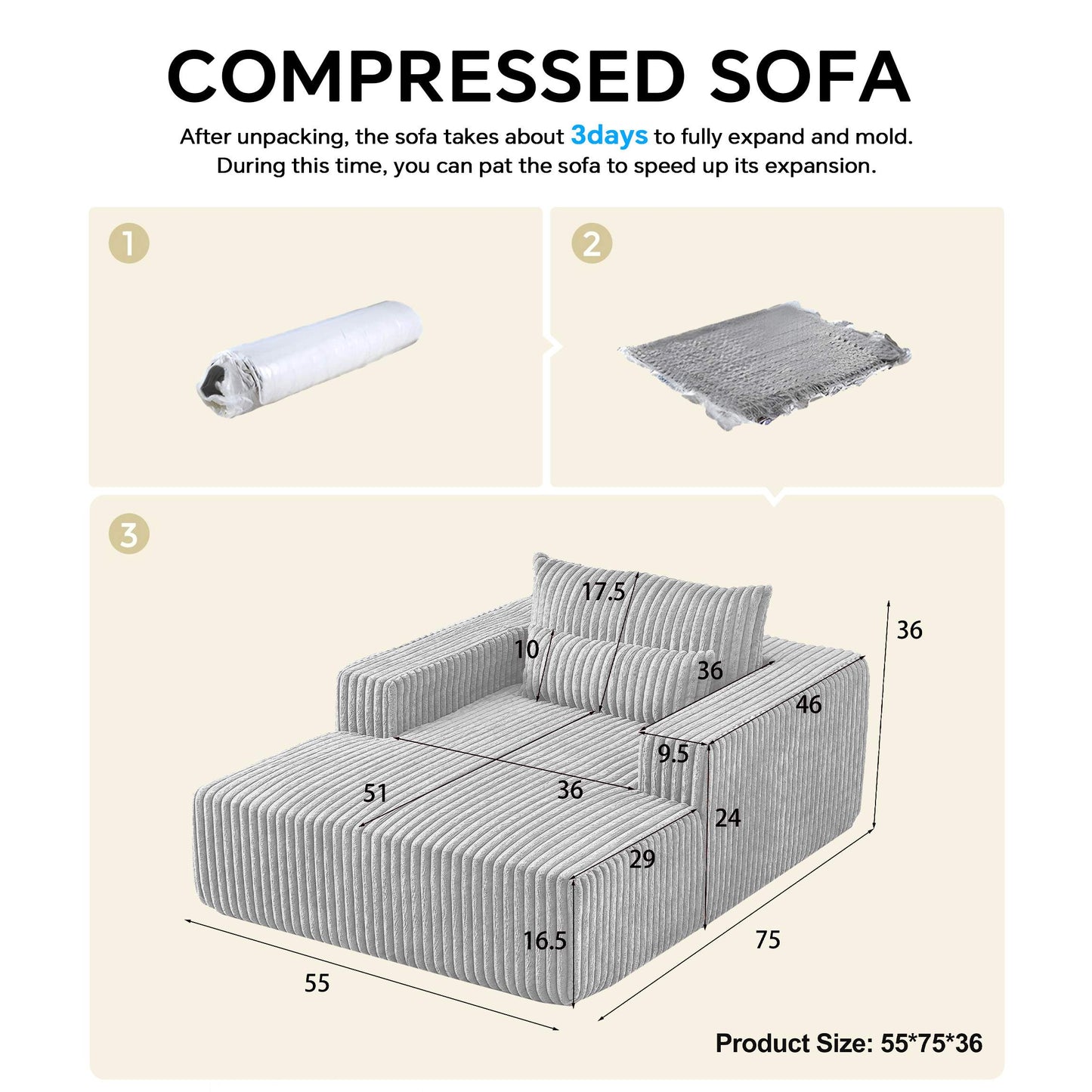 Gray Modular Corduroy Lounge Chair for Living Room, Deep Seat Single Recliner Sofa with Support Pillows, Ready to Use, No Assembly