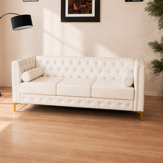 White Faux Leather Couch, Modern Tufted 3-Seat Sofa with Decorative Pillows, Metal Legs and High-Rebound Sponge Comfort for Home