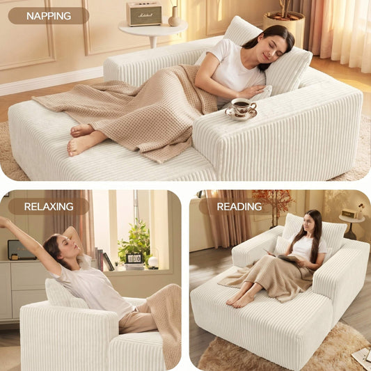 White Corduroy Accent Sofa Chair, Comfy Single Chaise with Square Armrests and Cushions, No-Assembly Leisure Seating for Bedroom or Living Room