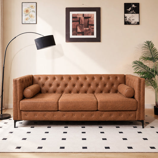 Brown Leather Sofa, Classic 3-Seater Living Room Couch with Button Tufted Design, Pocket Spring Cushion and Sturdy Wood Frame