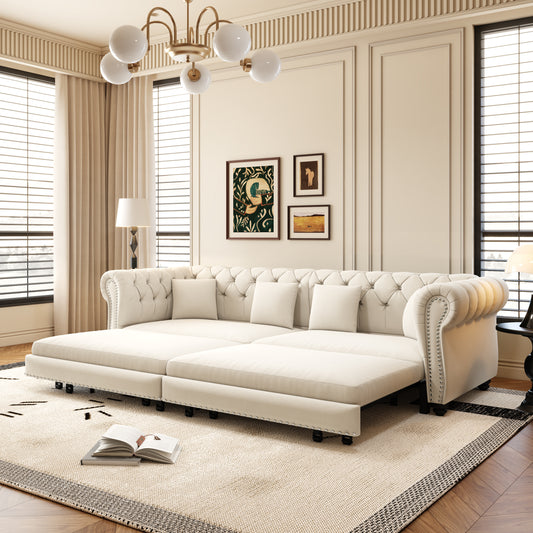 89" 3-Seater Velvet Chesterfield Sofa Bed with Movable Ottoman