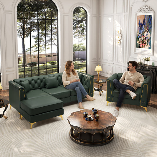 4 Pillows Light Luxury Chesterfield Sofa, Faux Leather, Button Tufting, Metal Trim Armrests & Thin Metal Legs