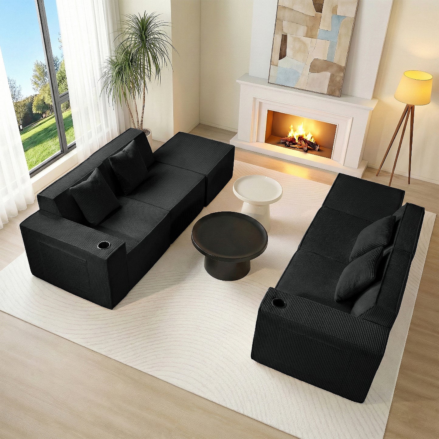 6-Seat U-Shaped Modular Couch with Ergonomic Foam & Dual Cup Holders, Easy Self-Shape Design for Home Living Room, Black