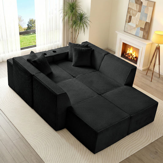 6-Seat U-Shaped Modular Couch with Ergonomic Foam & Dual Cup Holders, Easy Self-Shape Design for Home Living Room, Black