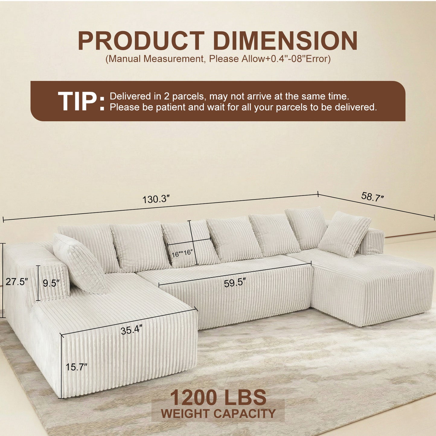 6-Seat White Corduroy U-Shape Sectional Sofa – Soft & Comfy Modular Couch for Living Room