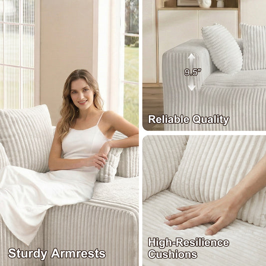 6-Seat White Corduroy U-Shape Sectional Sofa – Soft & Comfy Modular Couch for Living Room