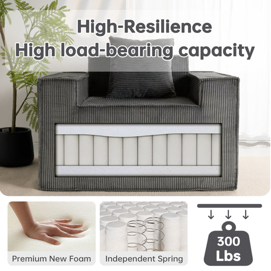 Gray Single Seat Cordyroy Sofa with Dual Cup Holders & Backrest Pillow - No Installation, Self-Shaping