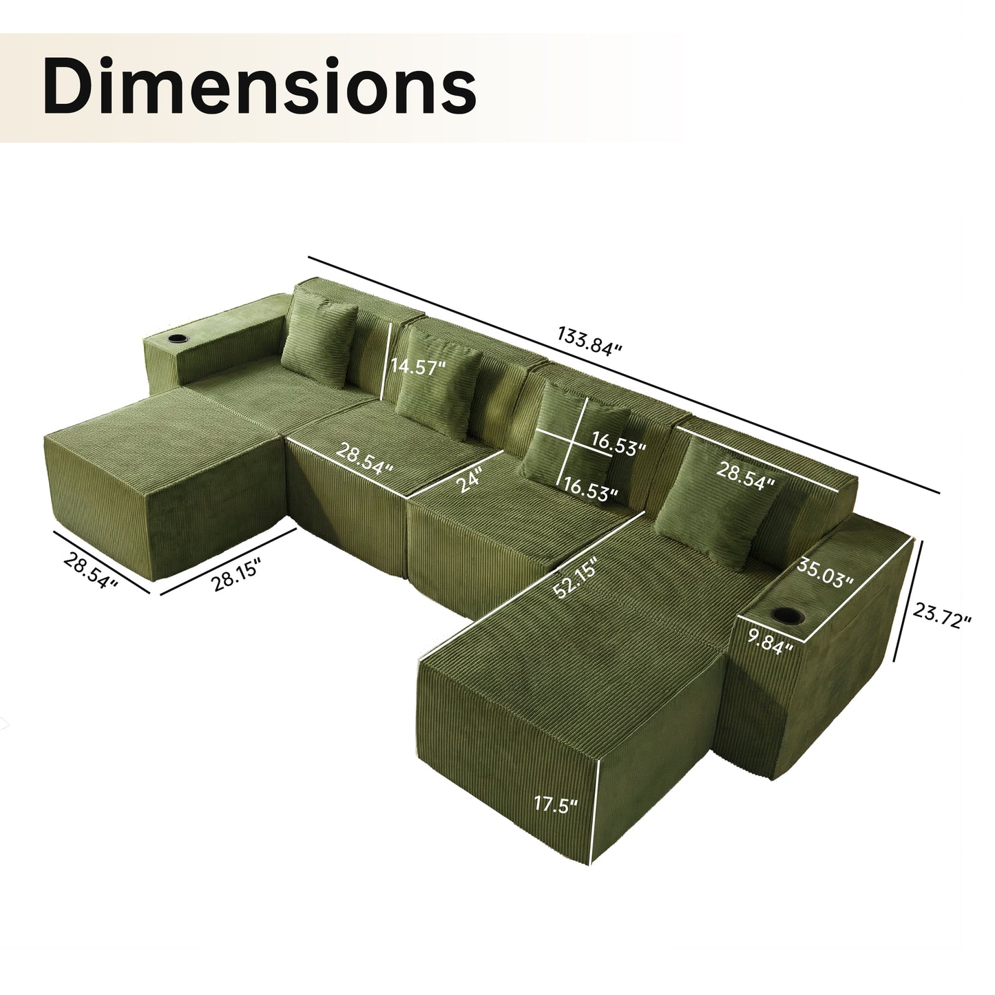Green U-Shaped Modular Sectional Sofa with Cup Holders – 6-Seat Convertible Floor Sofa for Living Room