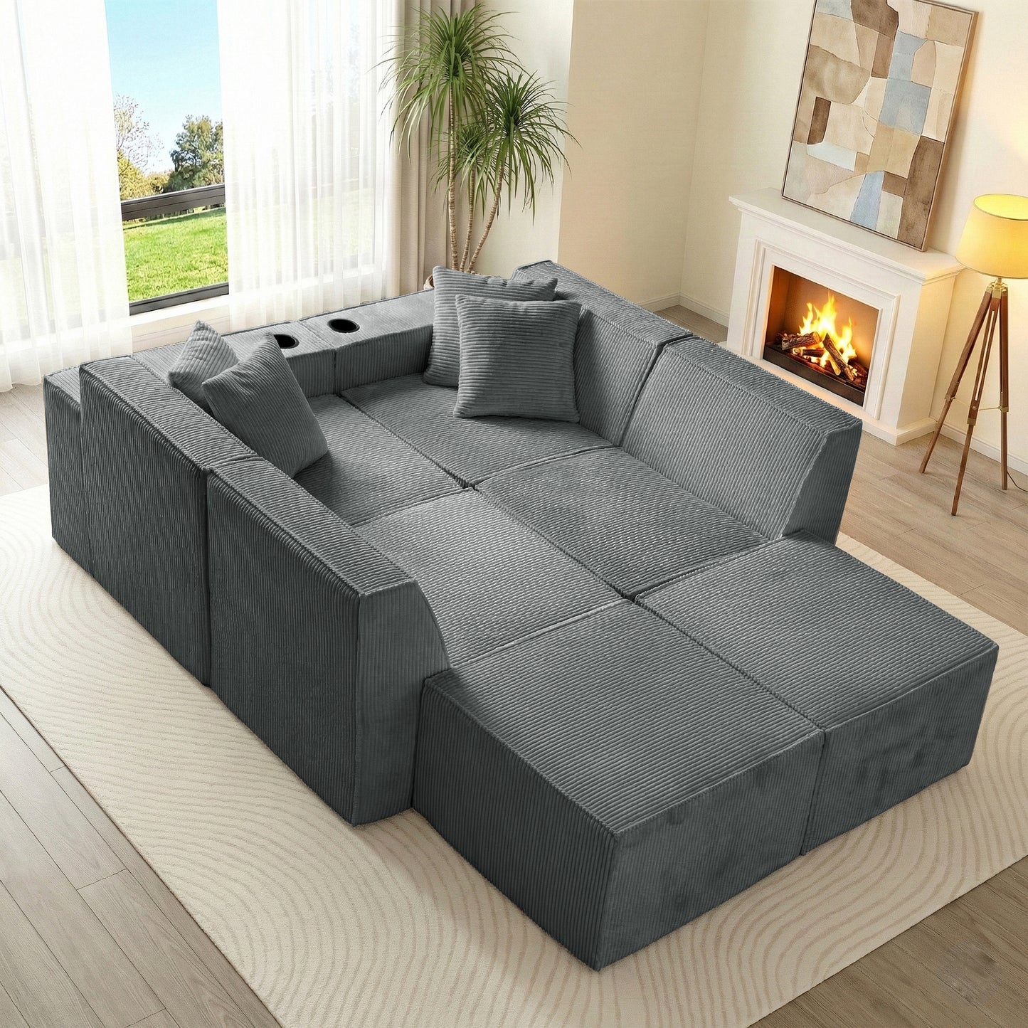 Modern Gray Flexible 6-Seat U-Shaped Sofa Set - Self-Expanding, Medium-Duty Polyester, Cloud-Like Soft Seating, Easy Setup