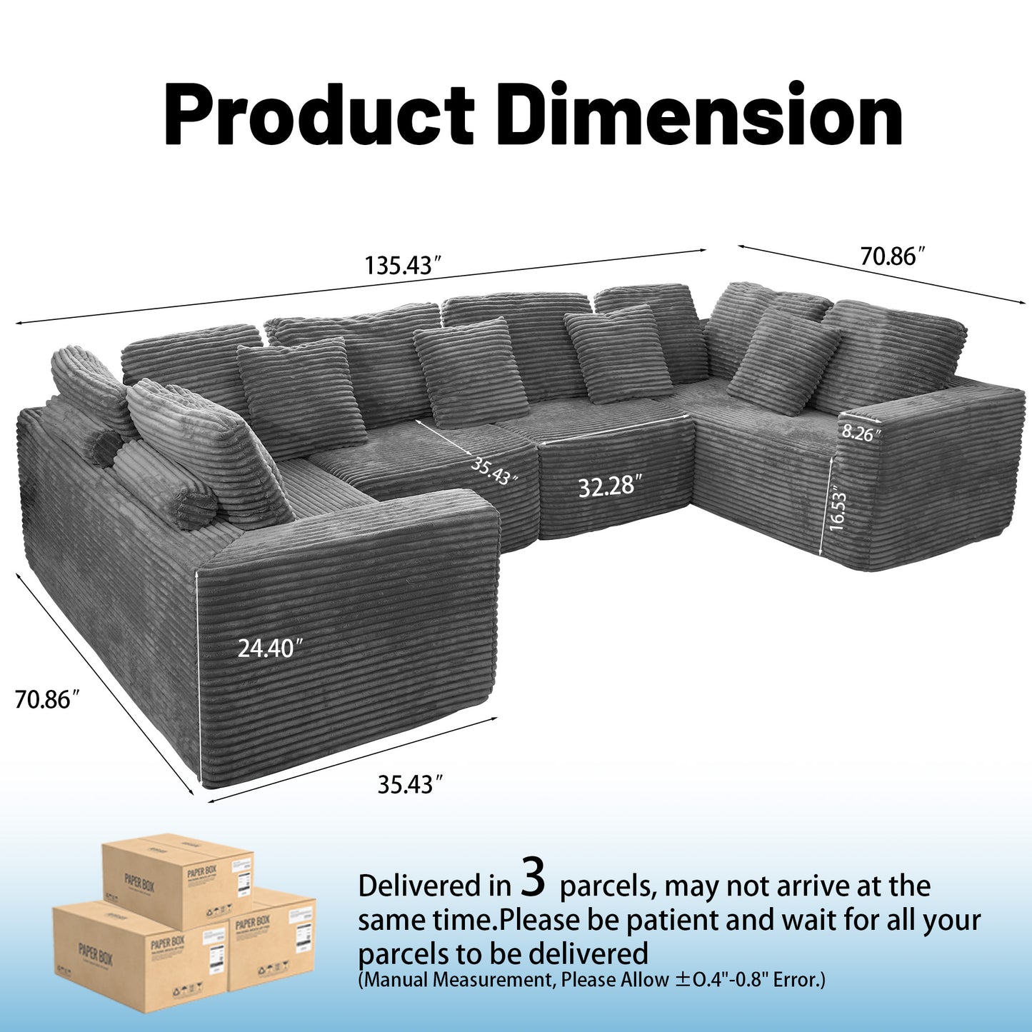 Gray Modular Corduroy Sectional Sofa - 6-Seat No-Assembly Couch for Living Room
