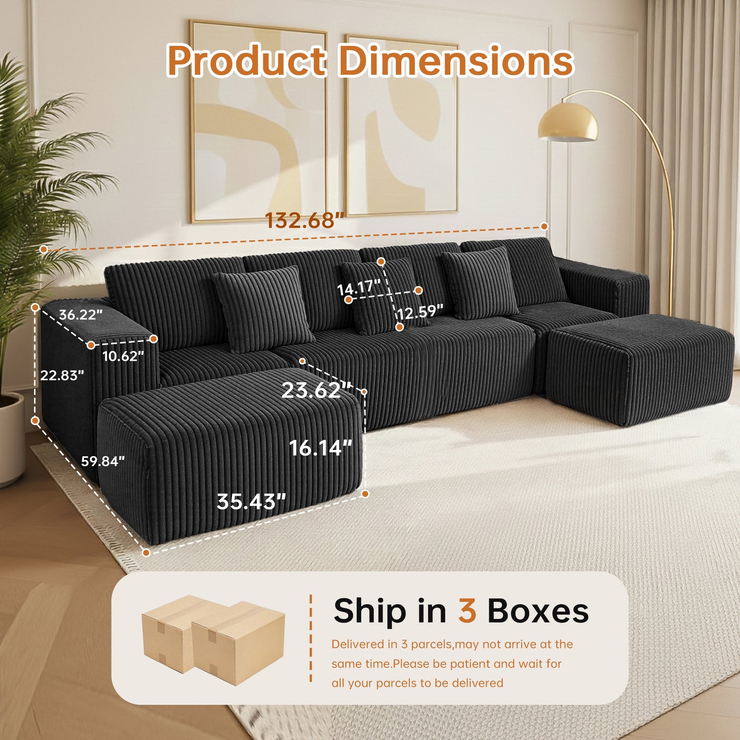Black Modular Corduroy Sectional Sofa - 6-Seat Living Room Couch
