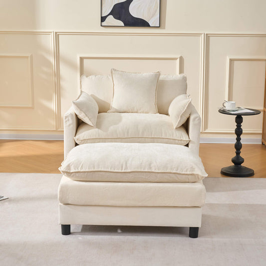 39.4" Chenille Accent Chair with Ottoman, Beige Upholstered Armchair