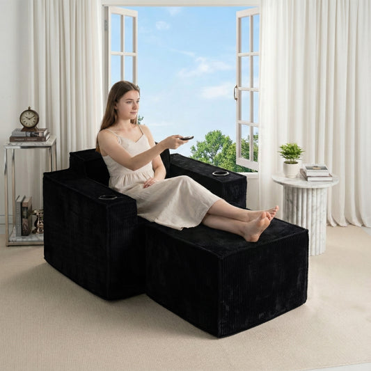 Single-Seat Corduroy Sofa (No Installation) – Black Ottoman Included, Ergonomic Living Room Chair with Cup Holders, Compact & Comfortable
