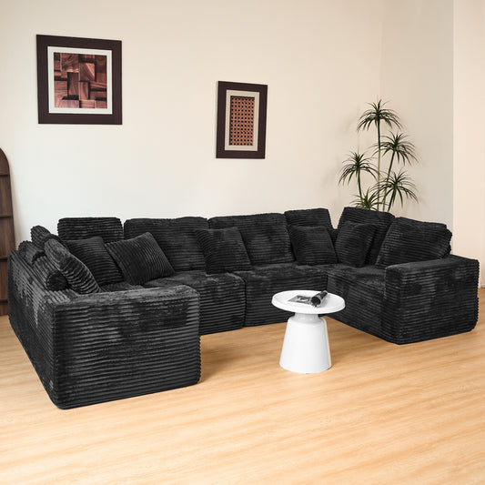 U-Shape Modular Sofa Set - Self-Expanding 6-Seat Sectional with Plush Ergonomic Sponge, Medium Duty Black Polyester Fabric
