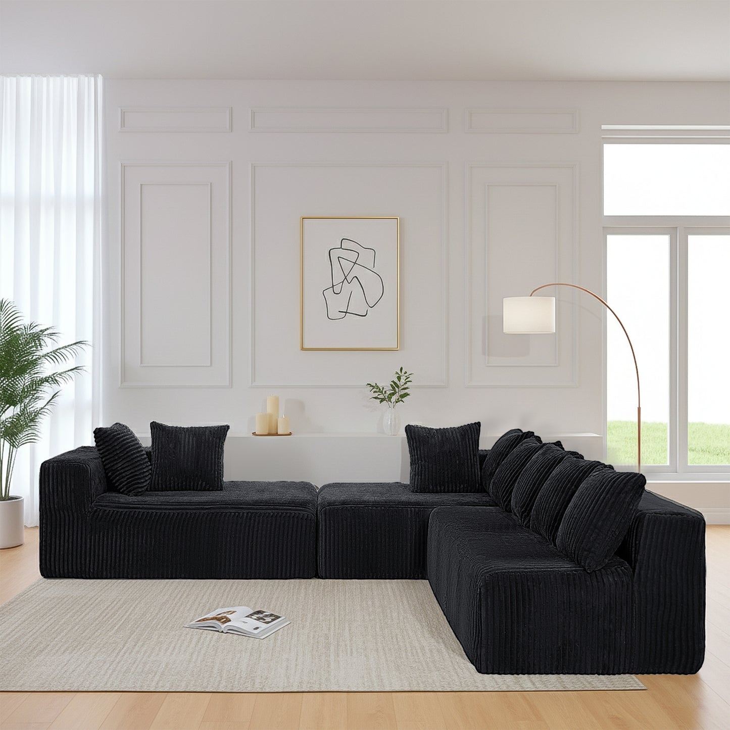 U-Shaped Modular Sectional Sofa in Black Polyester - 6-Seat Indoor Lounge with Ergonomic Foam