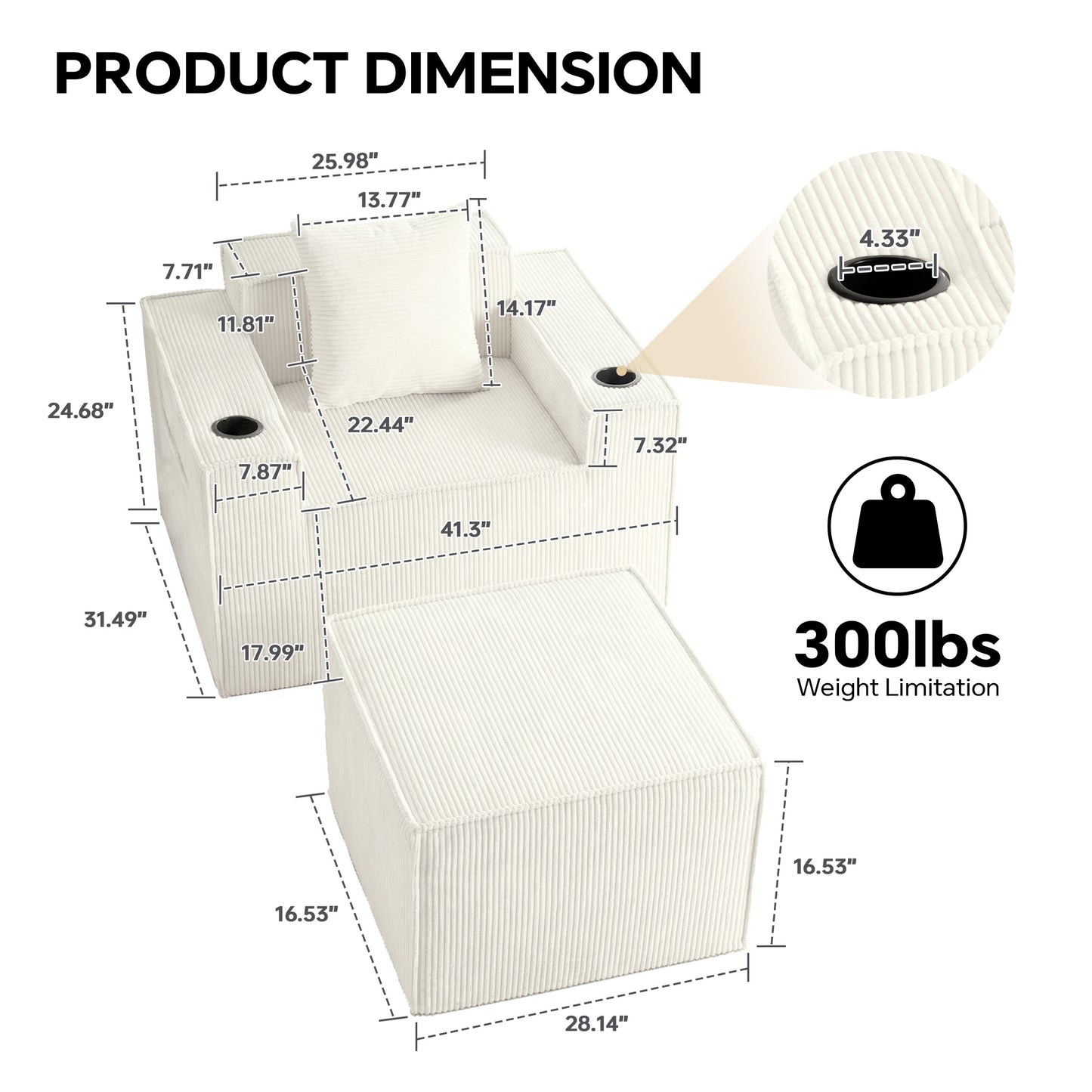 White Single Sofa Chair with Cup Holders Foot Support - No Assembly Required, Self-Expanding Corduroy Lounge Chair for Living Room