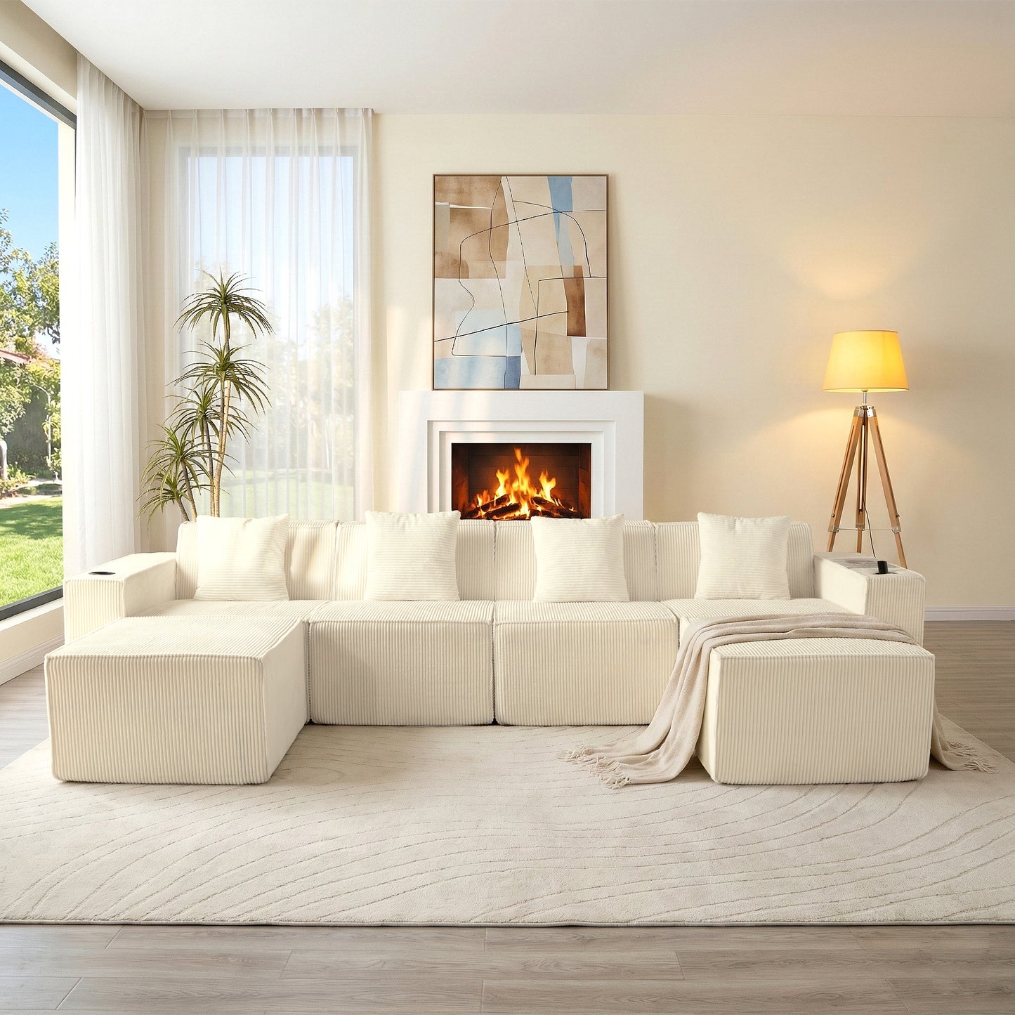 White Modular U-Shaped Corduroy Sectional Sofa 6-Seat Lounge with Cup Holders