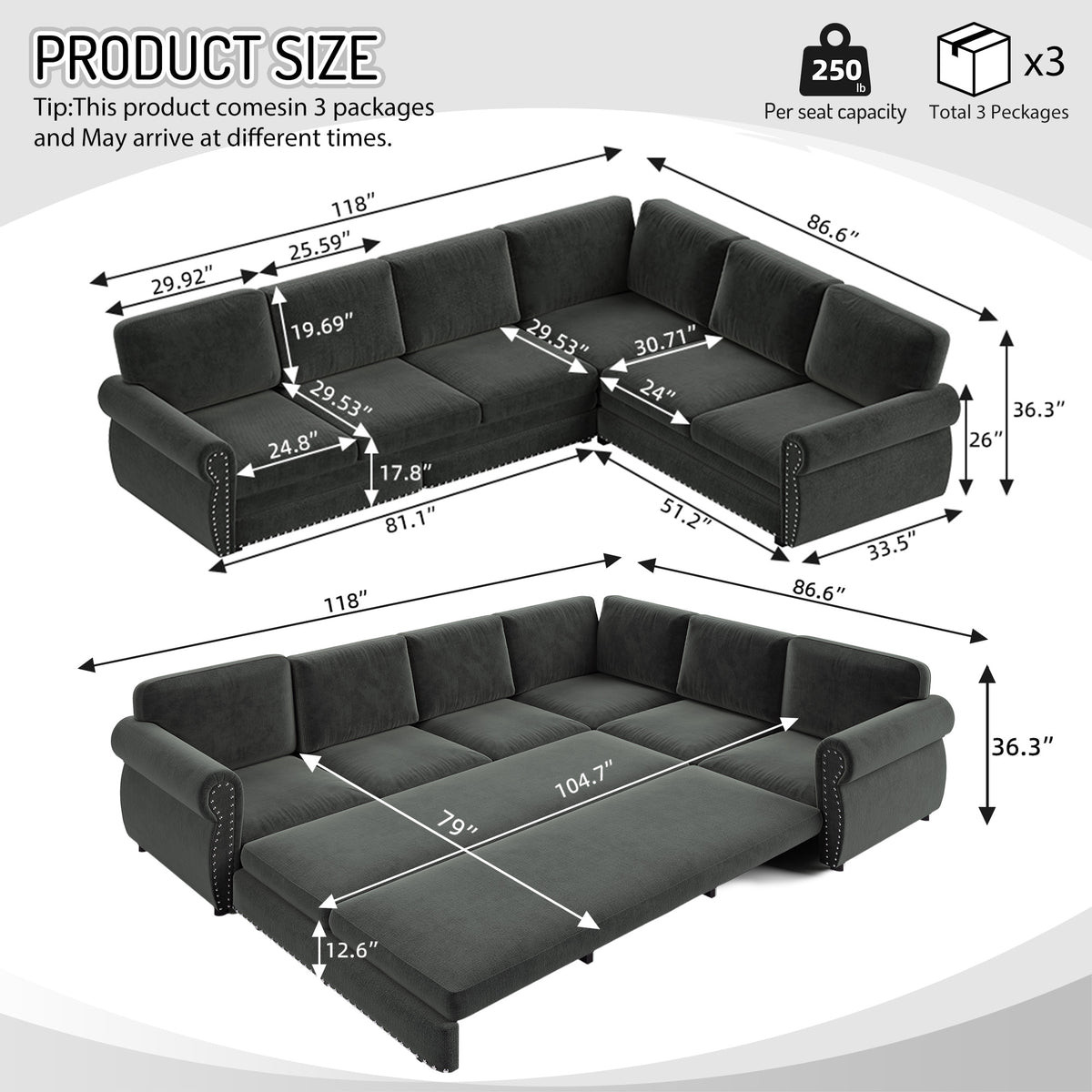 L-Shaped Chenille Sectional Sofa with Pull-Out Bed & Rolled Arm