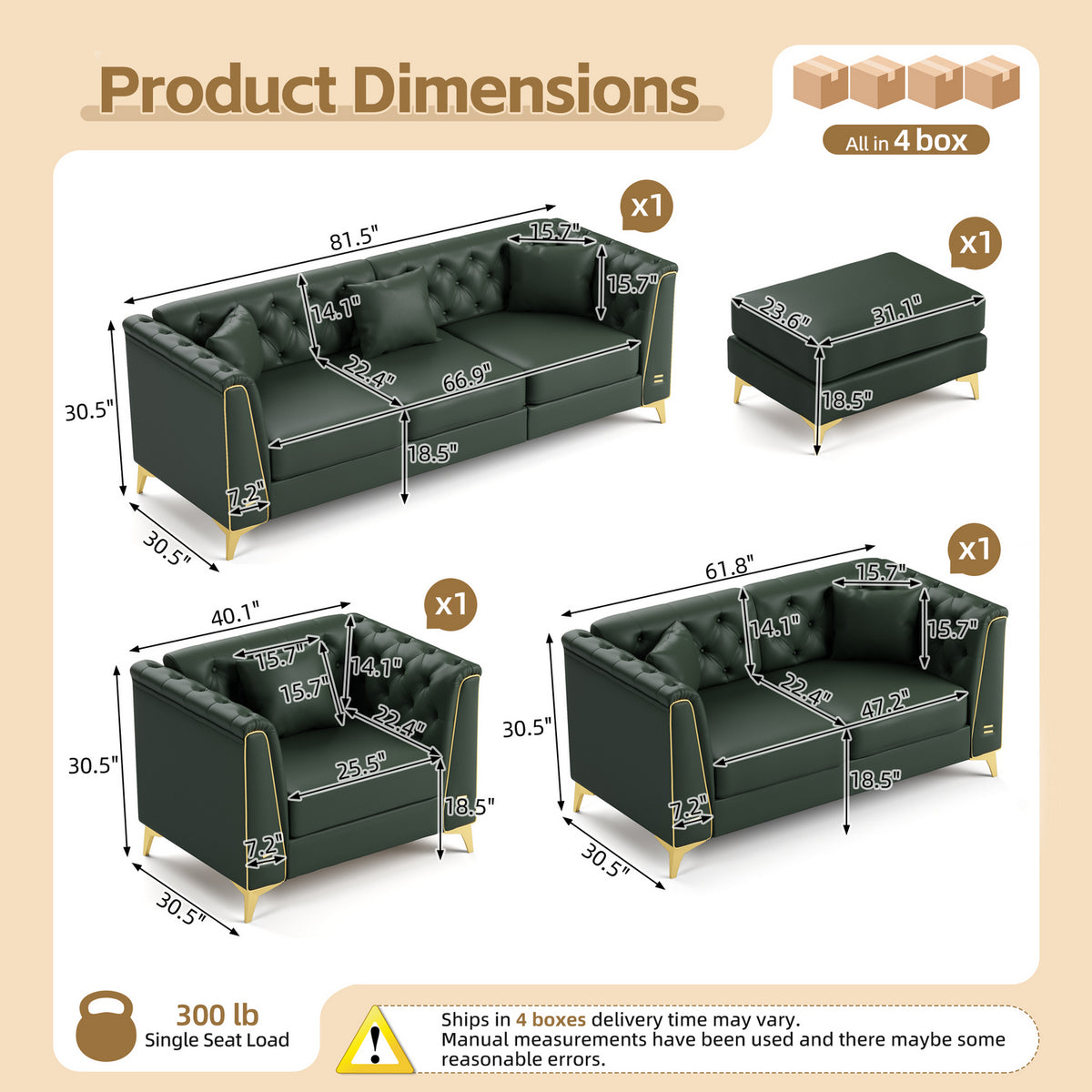 6 Pillows Light Luxury Chesterfield Sofa, Faux Leather, Thin Metal Legs, Metal Trim Armrests & Button Tufting