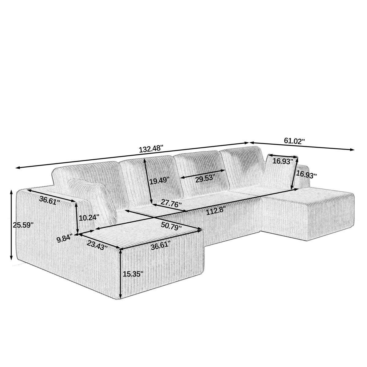 U-Shaped Modular Corduroy Sectional Sofa, Compressed Sleeper Couch
