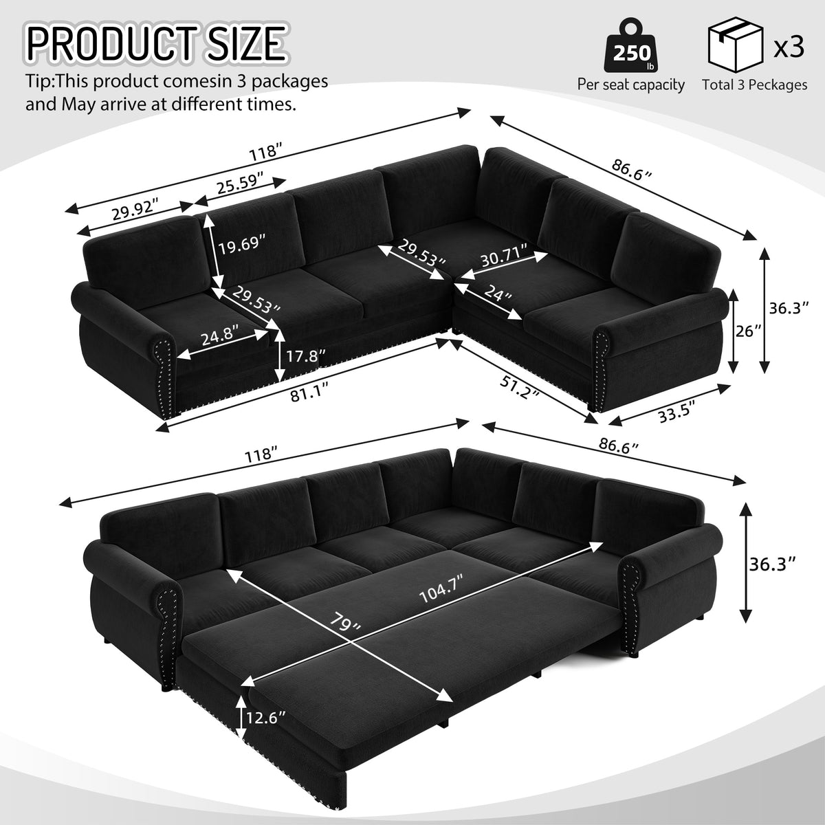 118" Oversized Convertible Sleeper Sofa with Nailhead Trim, L-Shaped Couch