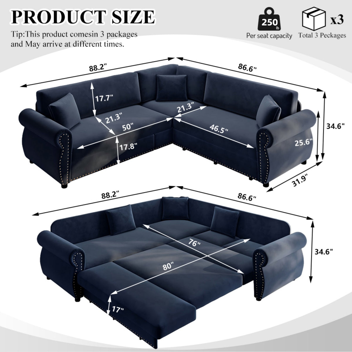 88.2" L-Shaped Chenille Sectional Sofa with Pull-Out Bed & Rolled Arm