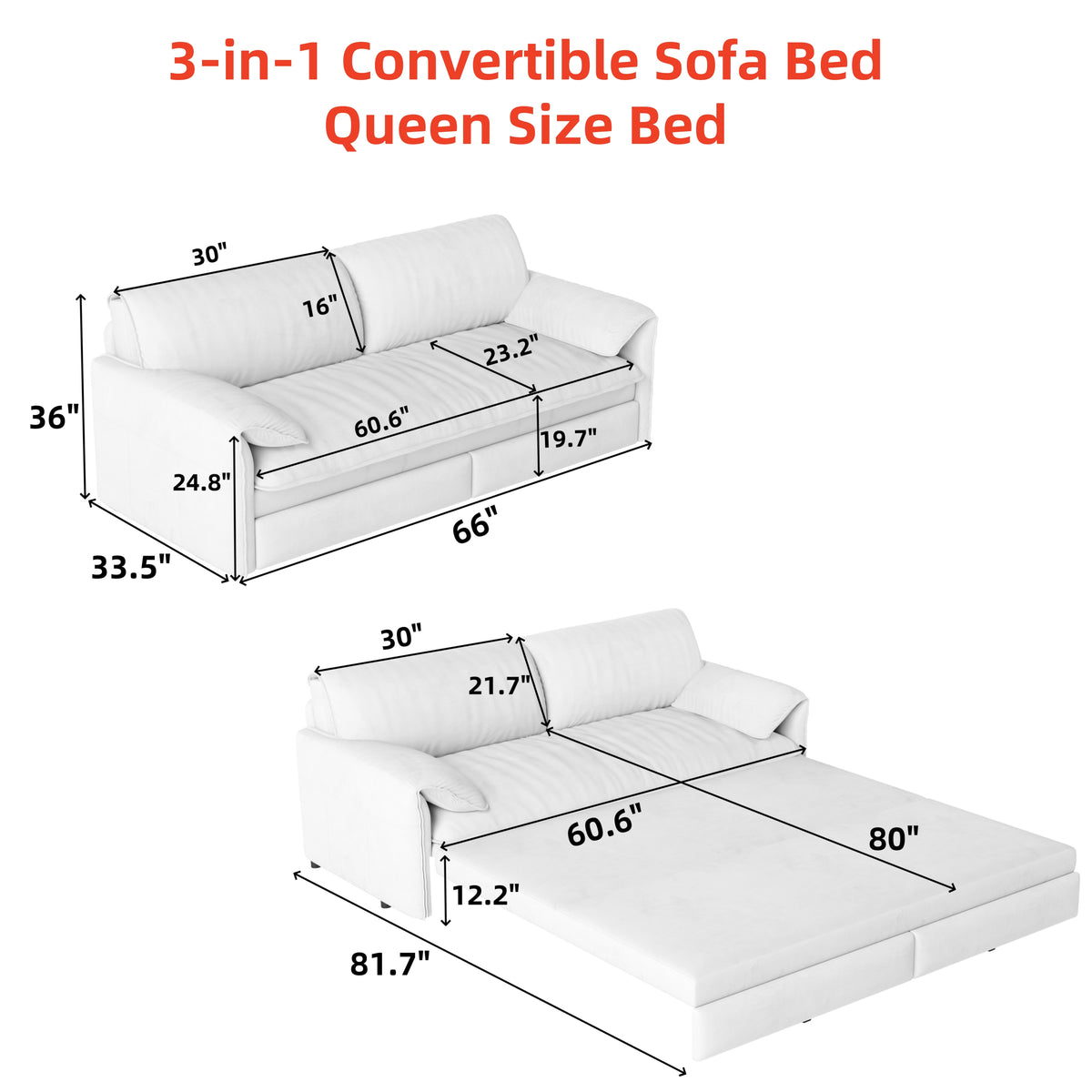 Queen Pull-Out Velvet Sleeper Sofa, 3-in-1 Convertible Bed with Side Storage