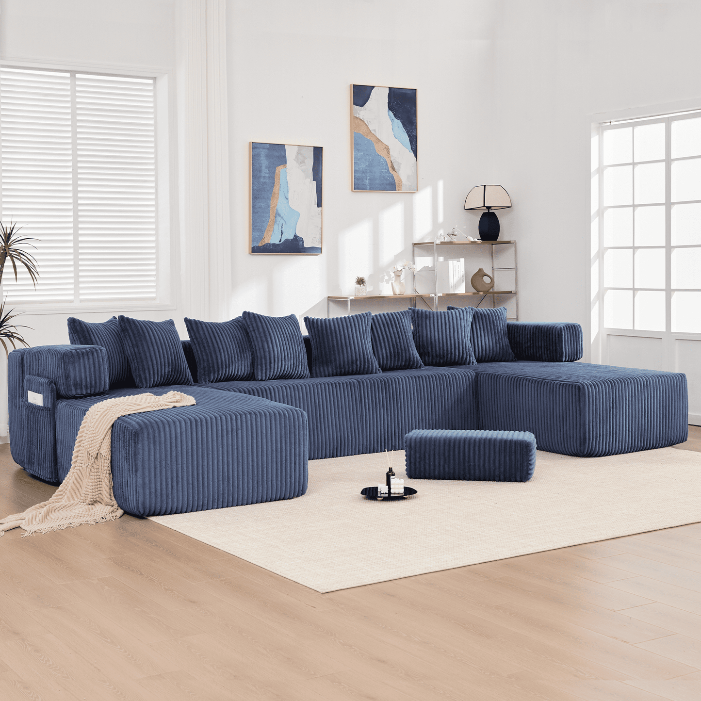 Blue Convertible Modular Sofa – 6-Seat U-Shaped Corduroy Sectional Couch with Magazine Bag & Flexible Layout