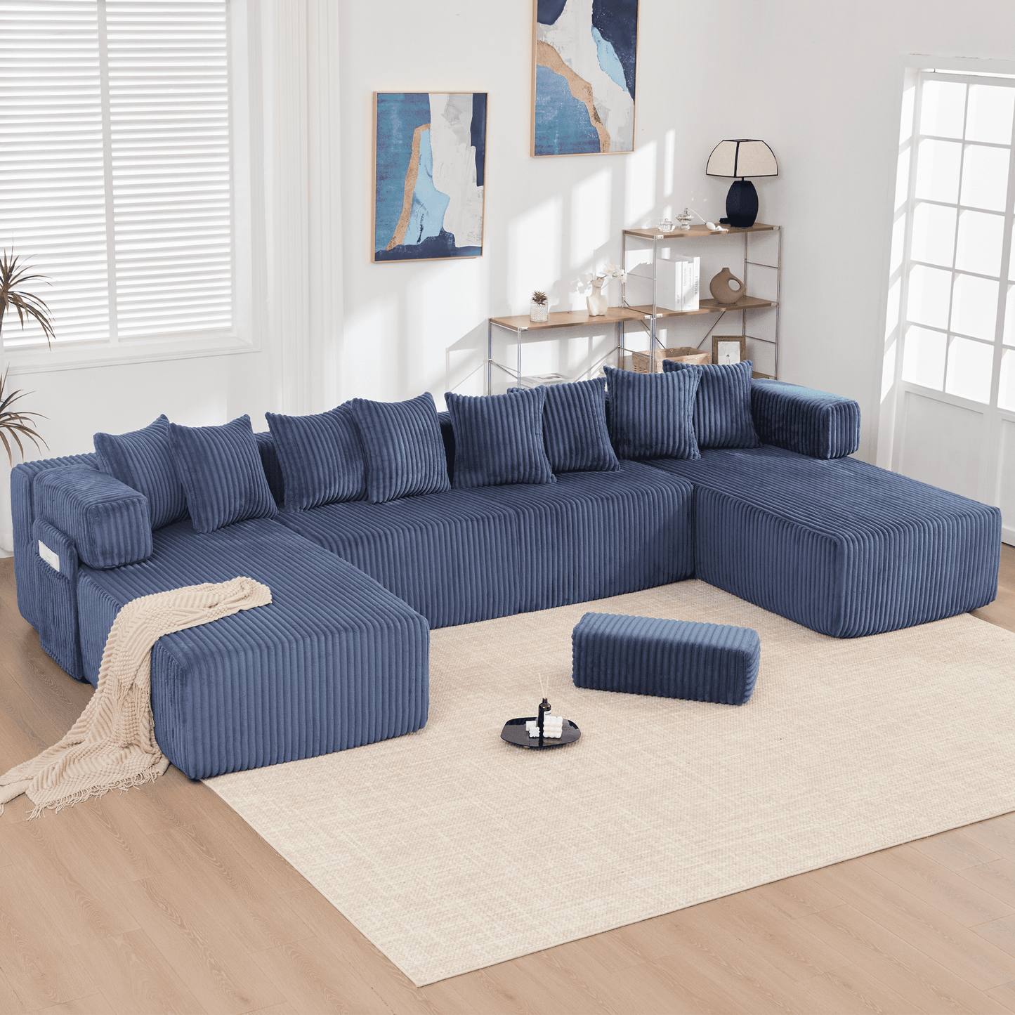 Blue Convertible Modular Sofa – 6-Seat U-Shaped Corduroy Sectional Couch with Magazine Bag & Flexible Layout
