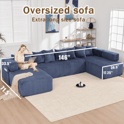 Blue Convertible Modular Sofa – 6-Seat U-Shaped Corduroy Sectional Couch with Magazine Bag & Flexible Layout