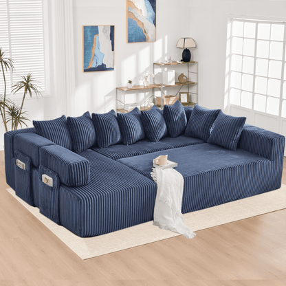Blue Convertible Modular Sofa – 6-Seat U-Shaped Corduroy Sectional Couch with Magazine Bag & Flexible Layout