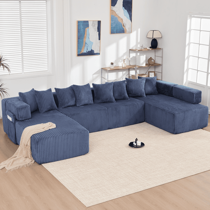 Blue Convertible Modular Sofa – 6-Seat U-Shaped Corduroy Sectional Couch with Magazine Bag & Flexible Layout