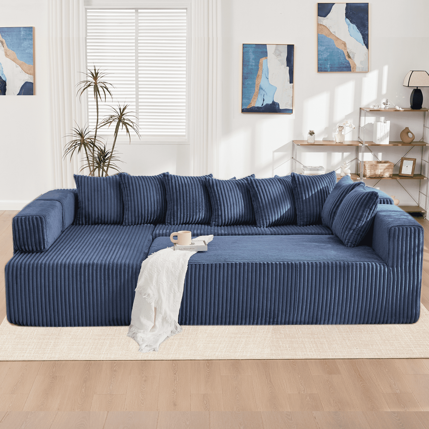 Blue Convertible Modular Sofa – 6-Seat U-Shaped Corduroy Sectional Couch with Magazine Bag & Flexible Layout