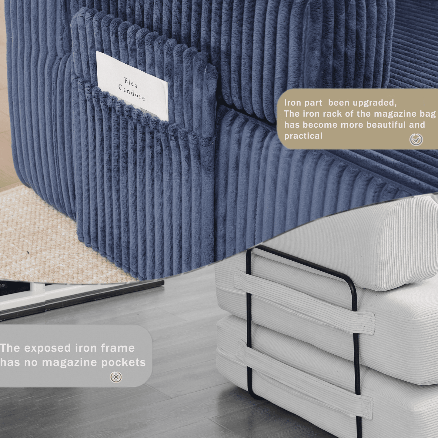Blue Convertible Modular Sofa – 6-Seat U-Shaped Corduroy Sectional Couch with Magazine Bag & Flexible Layout