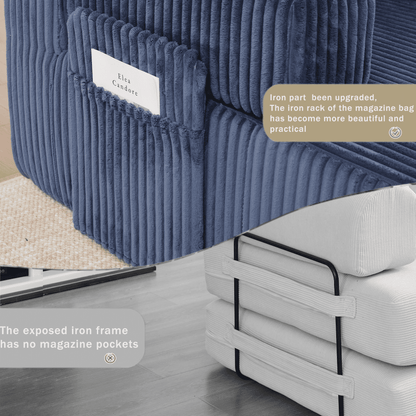 Blue Convertible Modular Sofa – 6-Seat U-Shaped Corduroy Sectional Couch with Magazine Bag & Flexible Layout