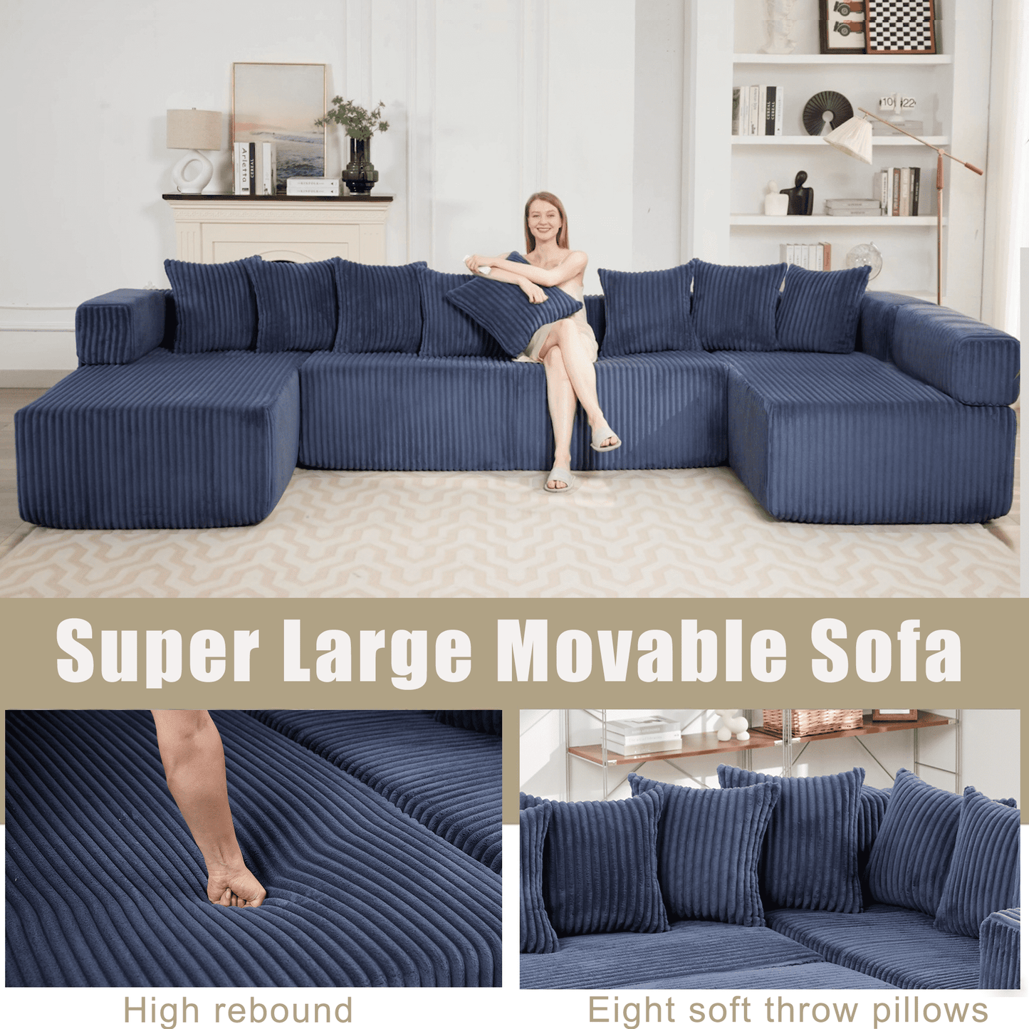 Blue Convertible Modular Sofa – 6-Seat U-Shaped Corduroy Sectional Couch with Magazine Bag & Flexible Layout