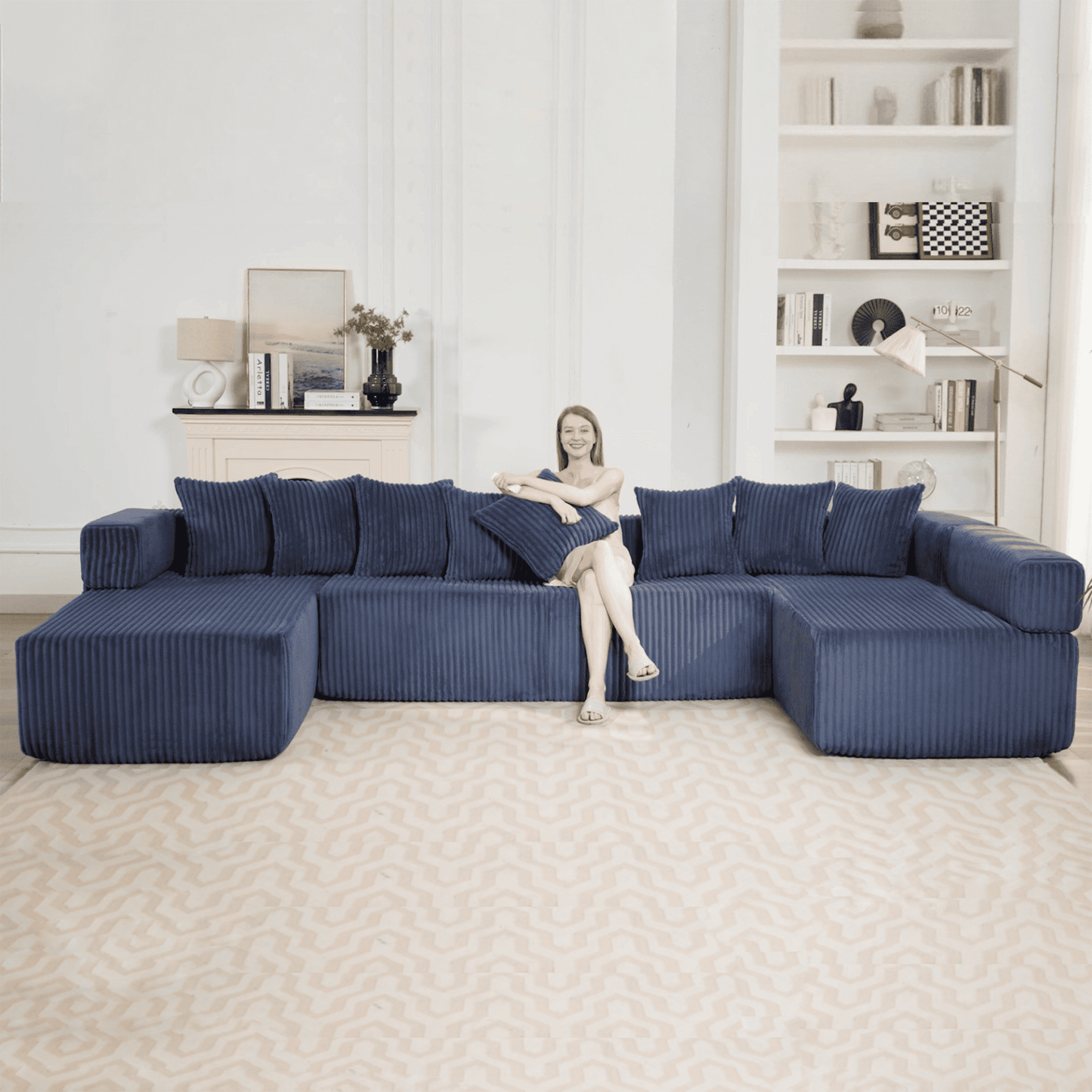 Blue Convertible Modular Sofa – 6-Seat U-Shaped Corduroy Sectional Couch with Magazine Bag & Flexible Layout