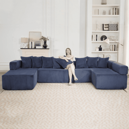 Blue Convertible Modular Sofa – 6-Seat U-Shaped Corduroy Sectional Couch with Magazine Bag & Flexible Layout