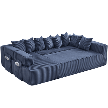 Blue Convertible Modular Sofa – 6-Seat U-Shaped Corduroy Sectional Couch with Magazine Bag & Flexible Layout