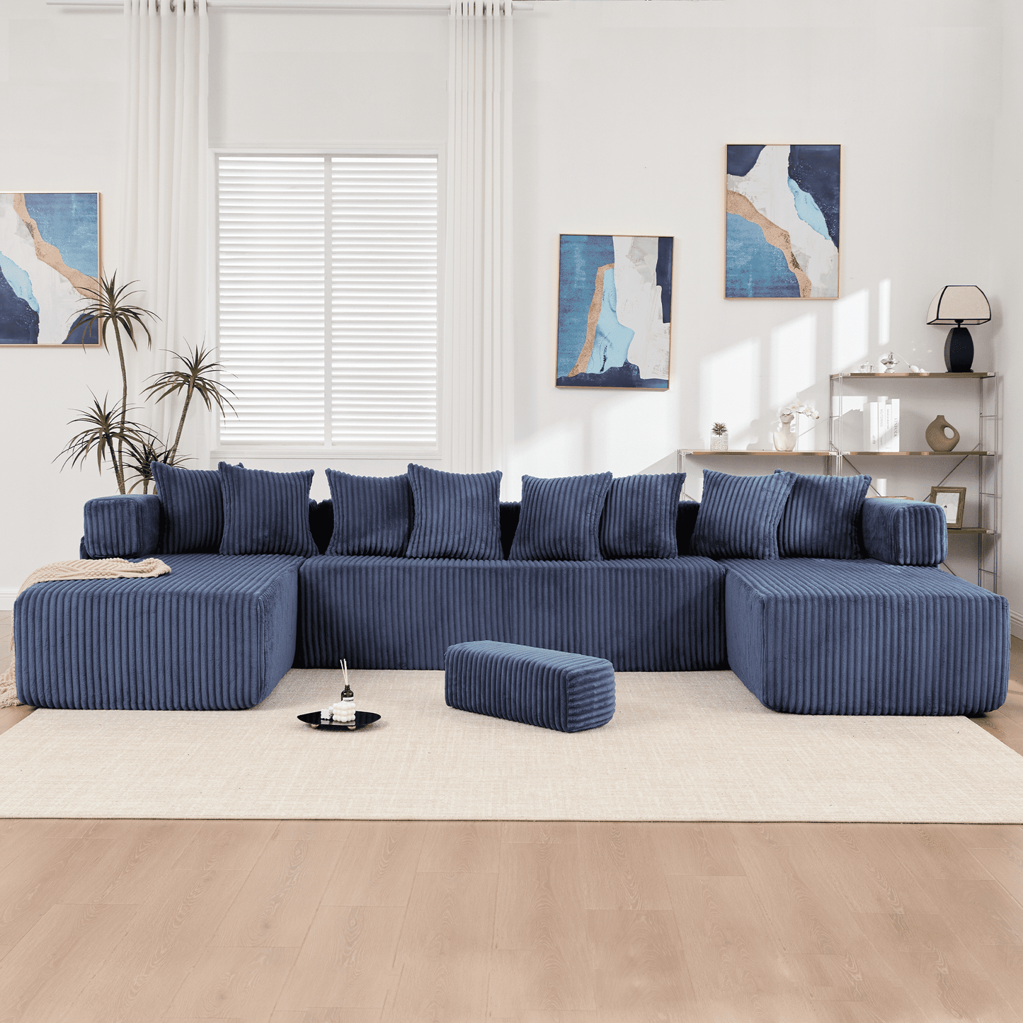 Blue Convertible Modular Sofa – 6-Seat U-Shaped Corduroy Sectional Couch with Magazine Bag & Flexible Layout