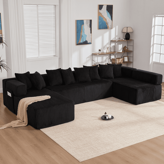 Black 6-Seat U-Shaped Sleeper Sectional Sofa – Convertible Corduroy Modular Couch with 8 Pillows & Storage Pocket