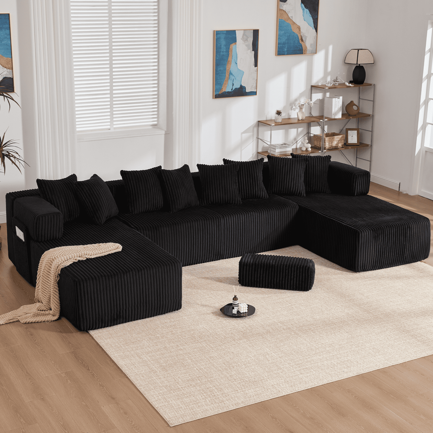 Black 6-Seat U-Shaped Sleeper Sectional Sofa – Convertible Corduroy Modular Couch with 8 Pillows & Storage Pocket