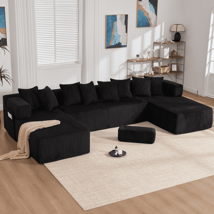 Black 6-Seat U-Shaped Sleeper Sectional Sofa – Convertible Corduroy Modular Couch with 8 Pillows & Storage Pocket