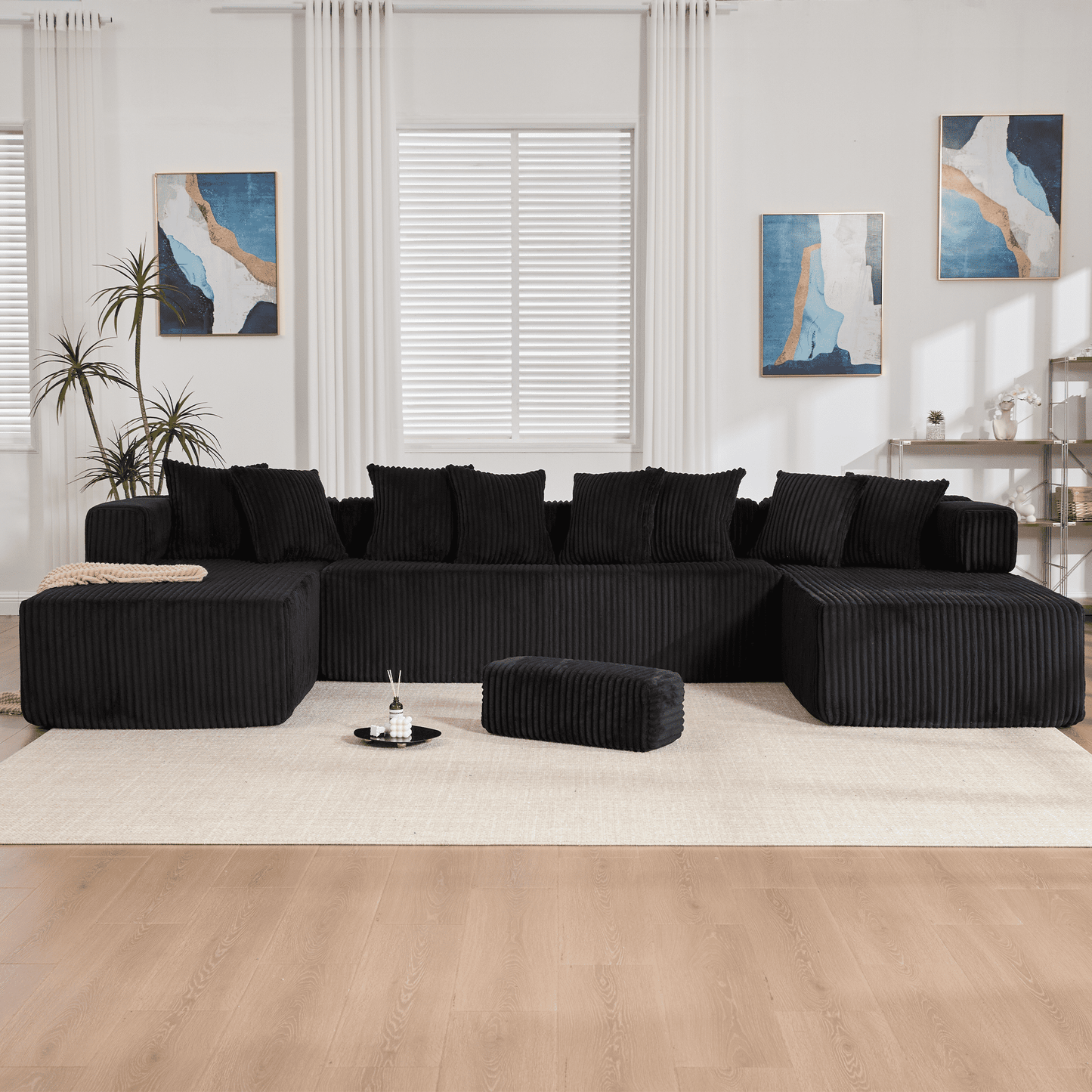 Black 6-Seat U-Shaped Sleeper Sectional Sofa – Convertible Corduroy Modular Couch with 8 Pillows & Storage Pocket