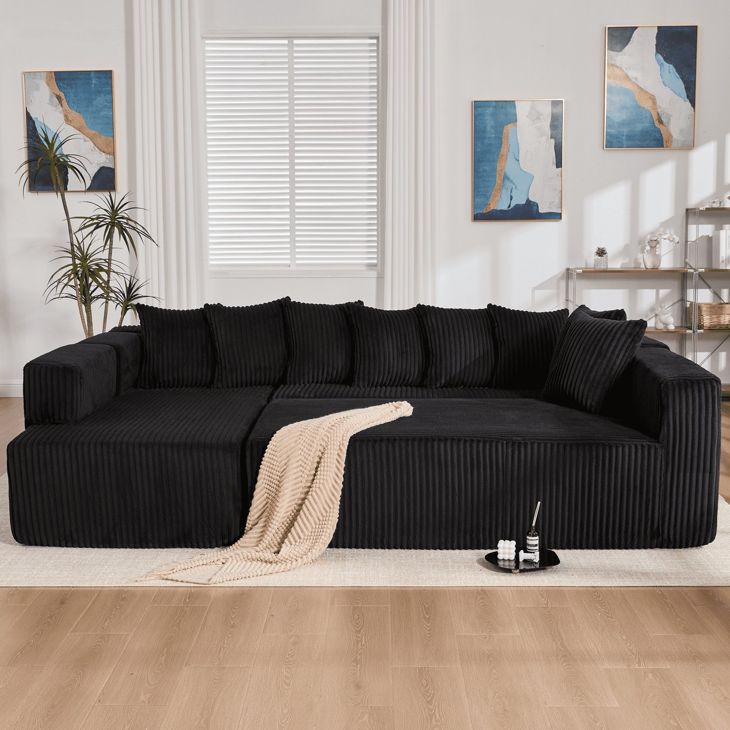 Black 6-Seat U-Shaped Sleeper Sectional Sofa – Convertible Corduroy Modular Couch with 8 Pillows & Storage Pocket