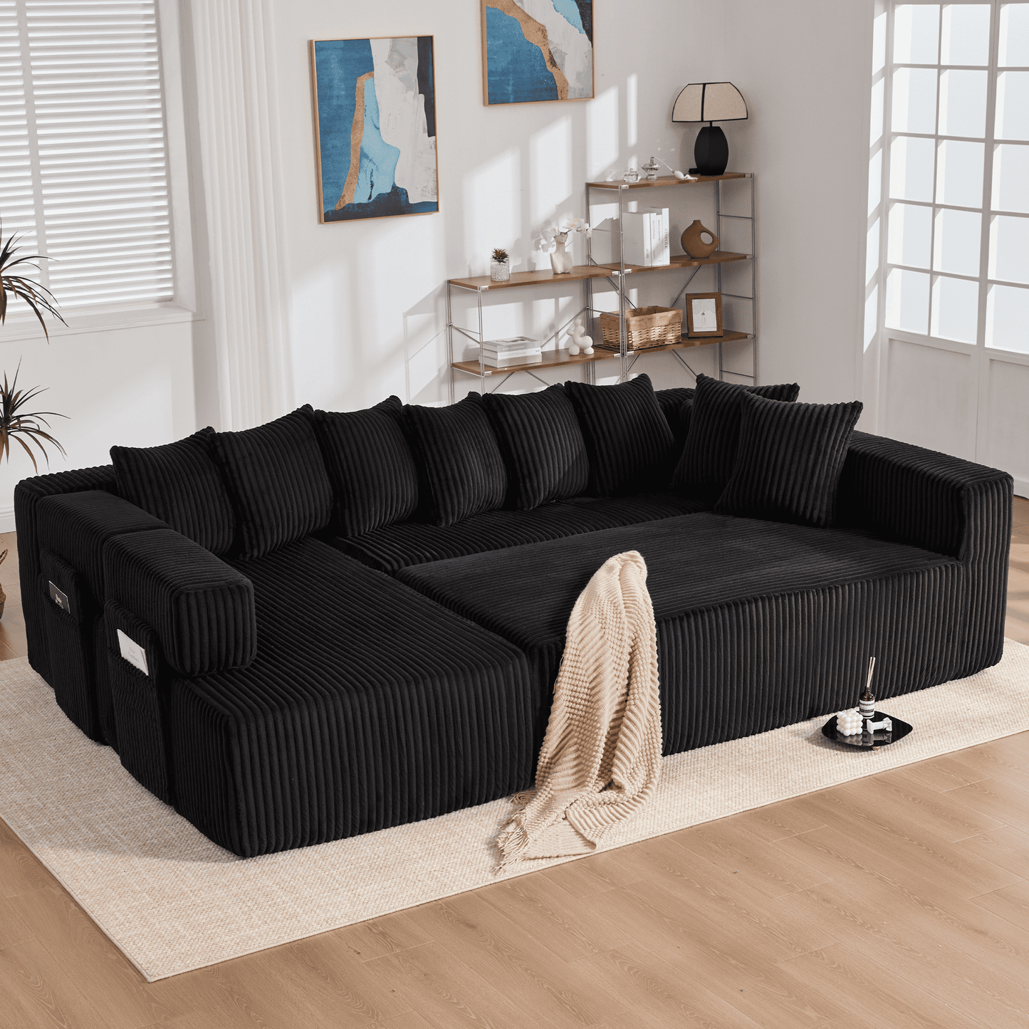Black 6-Seat U-Shaped Sleeper Sectional Sofa – Convertible Corduroy Modular Couch with 8 Pillows & Storage Pocket