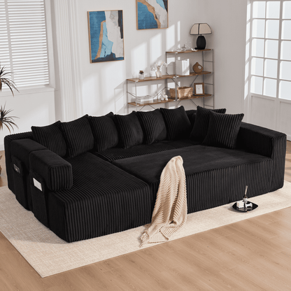 Black 6-Seat U-Shaped Sleeper Sectional Sofa – Convertible Corduroy Modular Couch with 8 Pillows & Storage Pocket