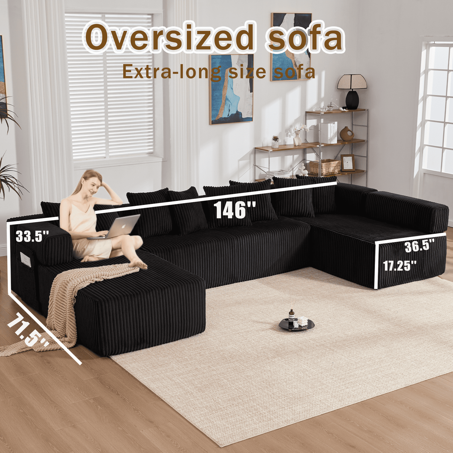 Black 6-Seat U-Shaped Sleeper Sectional Sofa – Convertible Corduroy Modular Couch with 8 Pillows & Storage Pocket