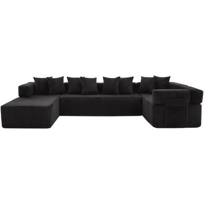 Black 6-Seat U-Shaped Sleeper Sectional Sofa – Convertible Corduroy Modular Couch with 8 Pillows & Storage Pocket
